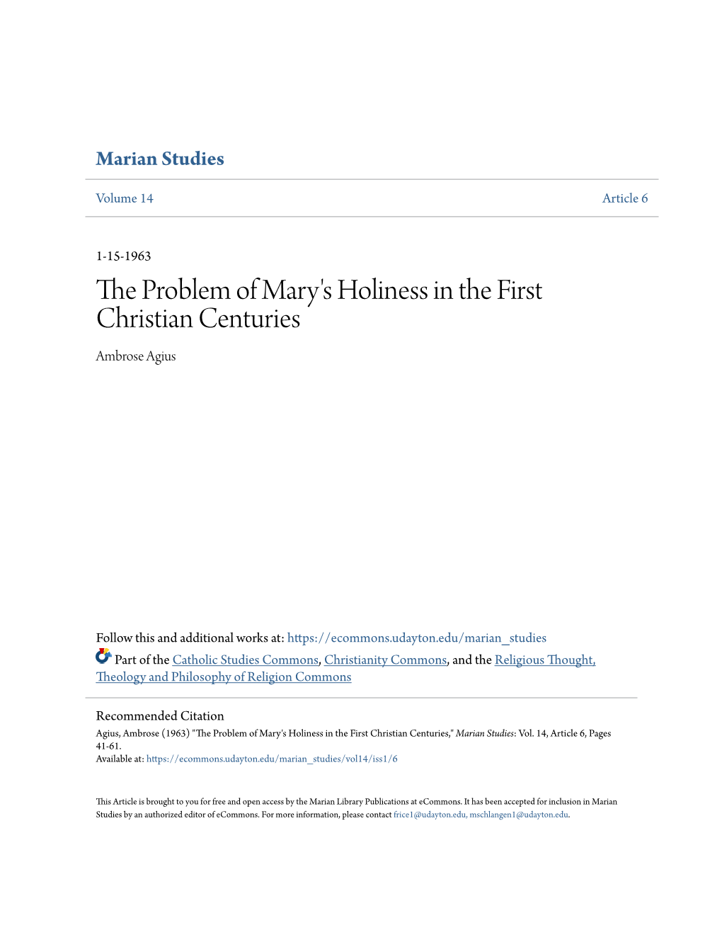 The Problem of Mary's Holiness in the First Christian Centuries