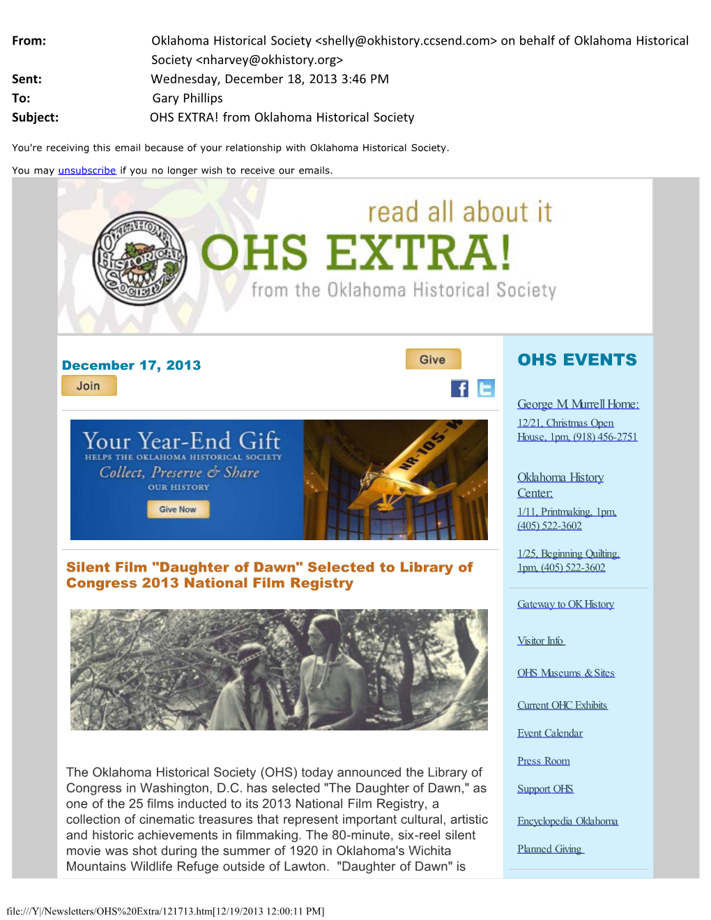 Y:\Newsletters\OHS Extra\121713.Htm