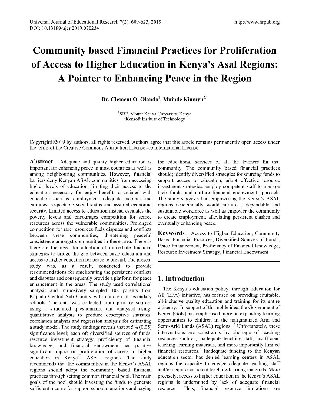Community Based Financial Practices for Proliferation of Access to Higher Education in Kenya's Asal Regions: a Pointer to Enhancing Peace in the Region