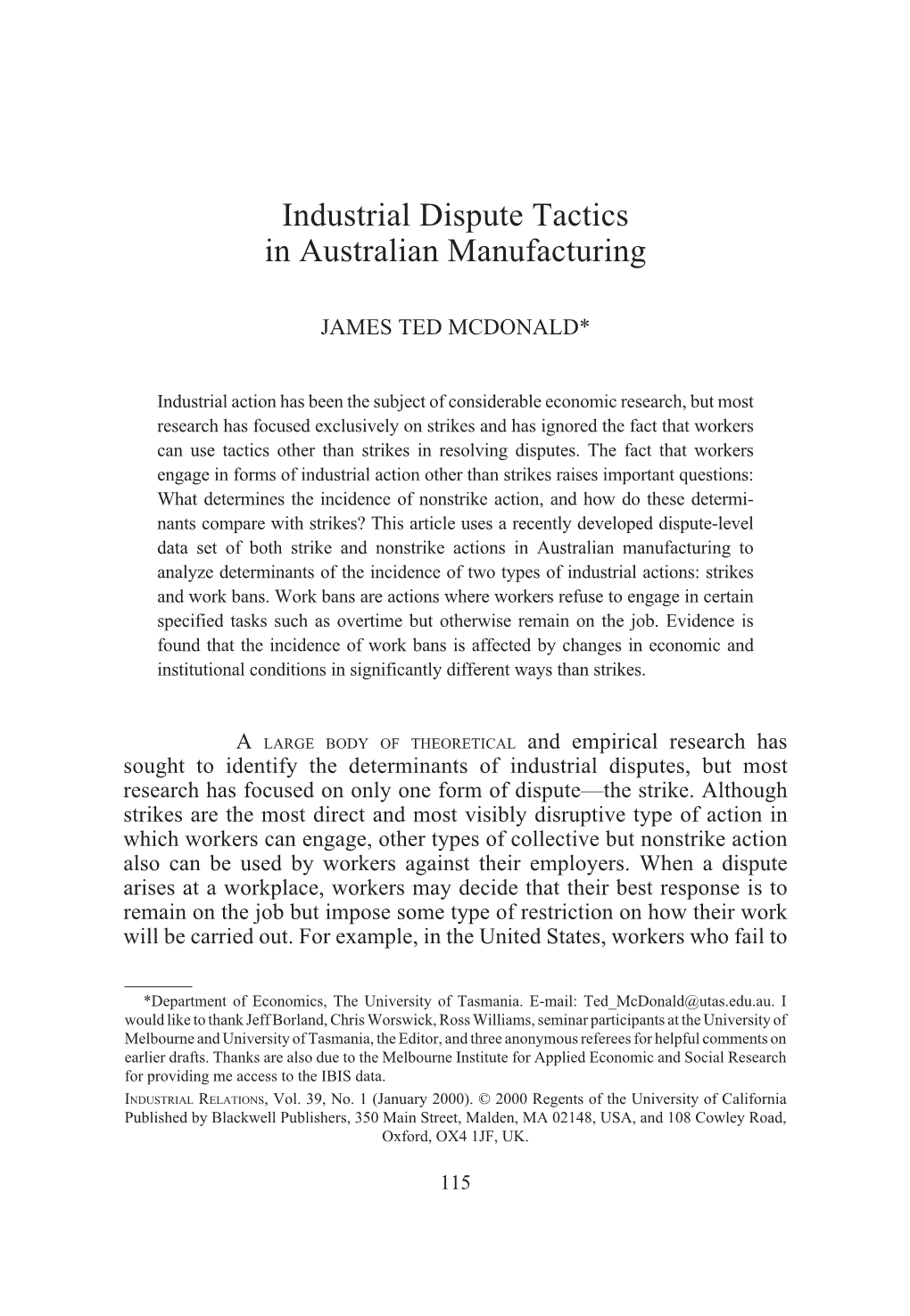 Industrial Dispute Tactics in Australian Manufacturing Industrial Dispute Tactics in Australian Manufacturing