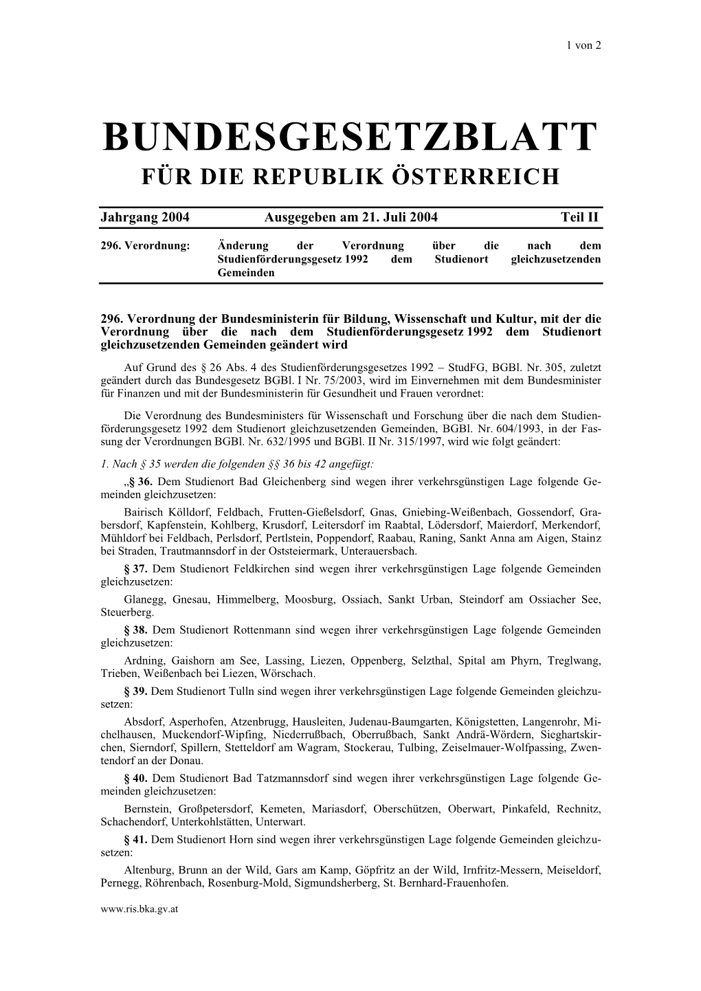 Bundesgesetzblatt Für Die Republik Österreich