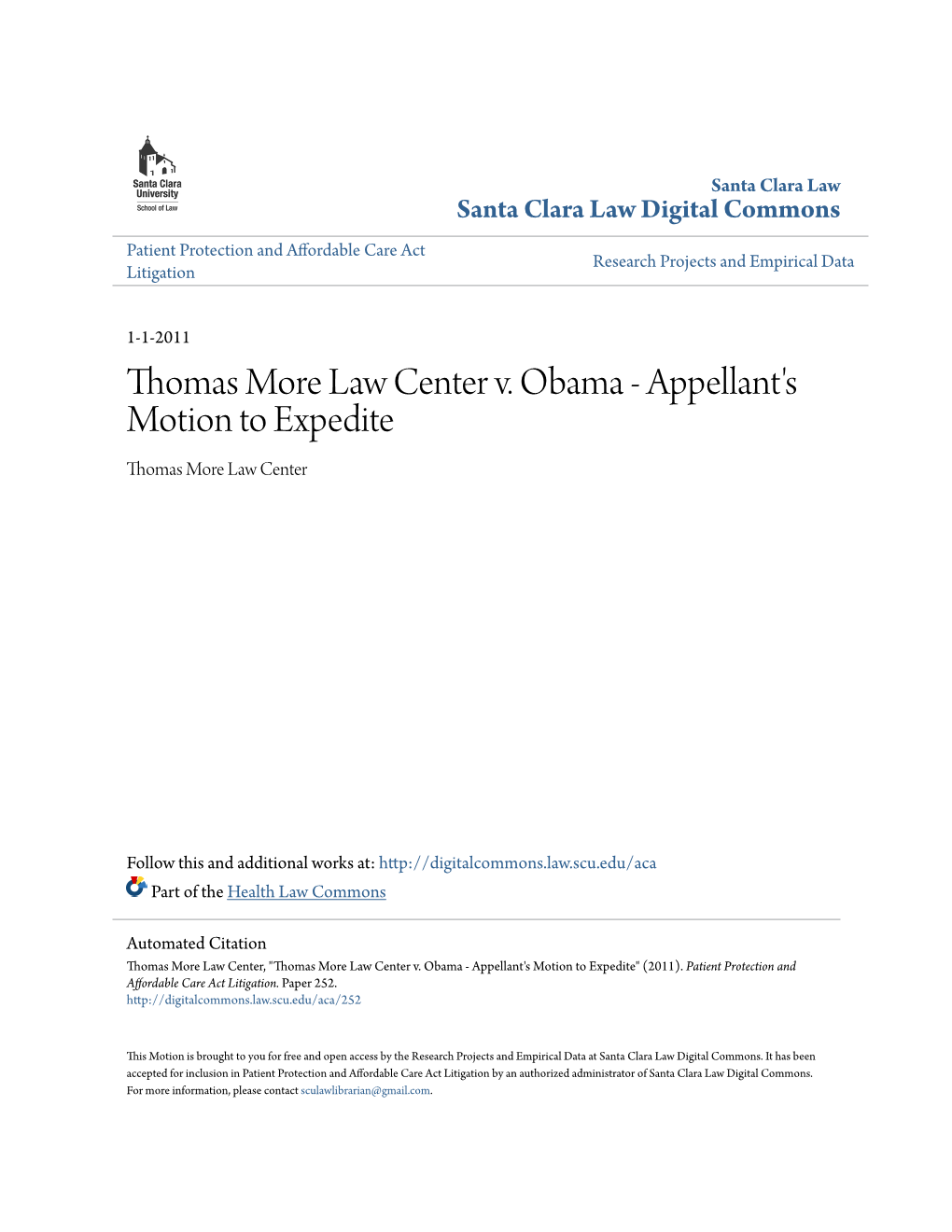 Thomas More Law Center V. Obama - Appellant's Motion to Expedite Thomas More Law Center