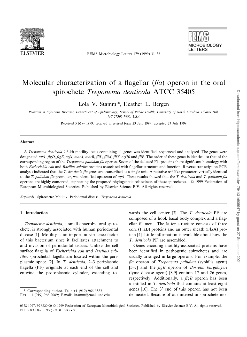 Operon in the Oral Spirochete Treponema Denticola ATCC 35405
