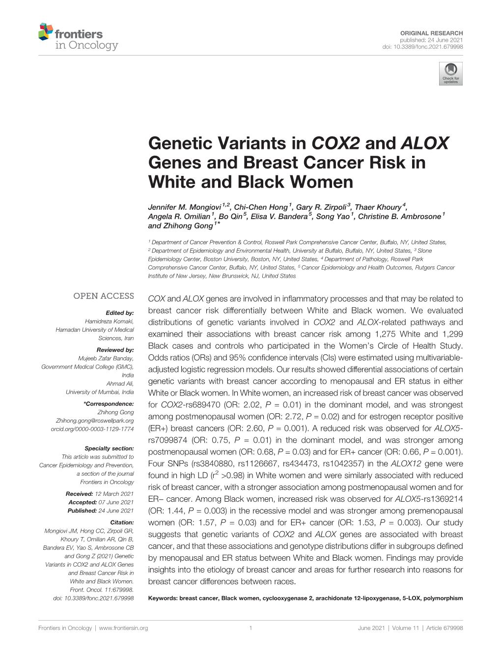 Genetic Variants in COX2 and ALOX Genes and Breast Cancer Risk in White and Black Women