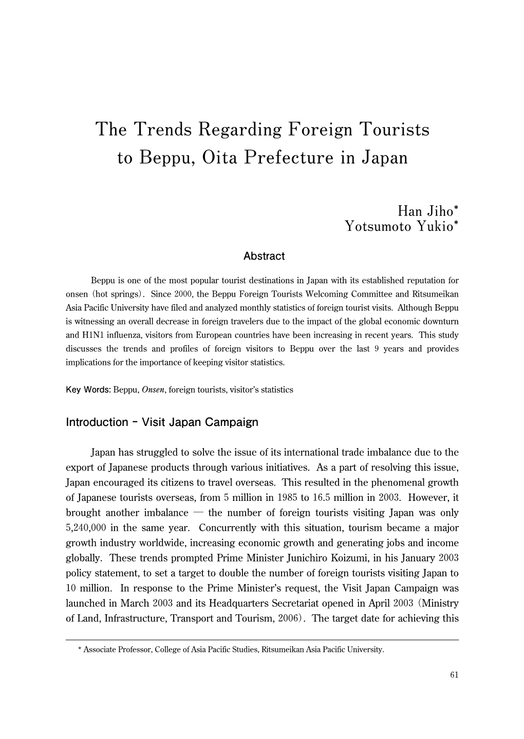 The Trends Regarding Foreign Tourists to Beppu, Oita Prefecture in Japan