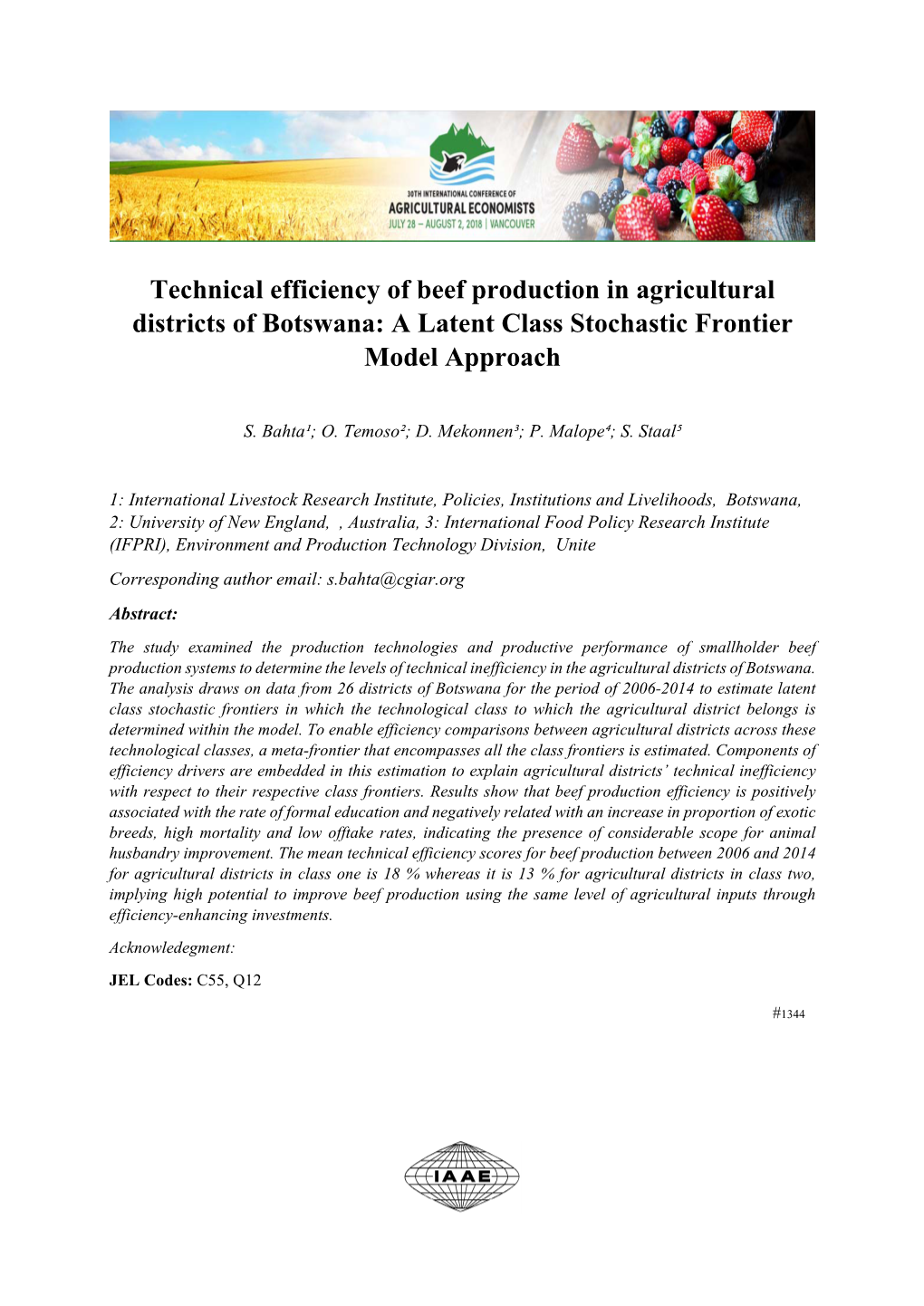 Technical Efficiency of Beef Production in Agricultural Districts of Botswana: a Latent Class Stochastic Frontier Model Approach