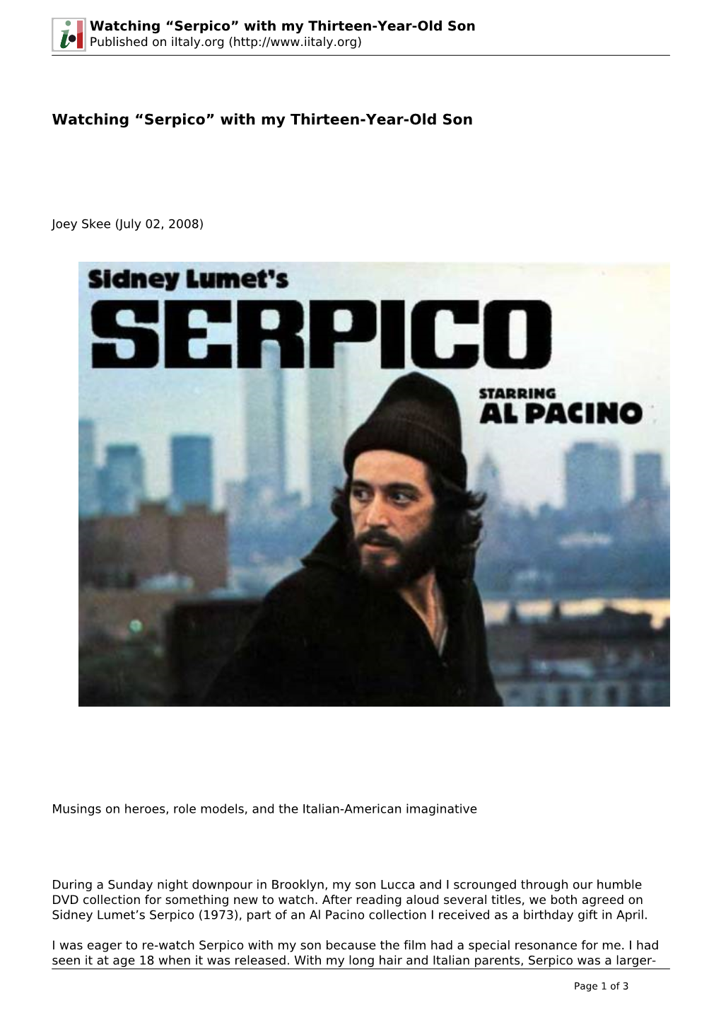 Watching “Serpico” with My Thirteen-Year-Old Son Published on Iitaly.Org (
