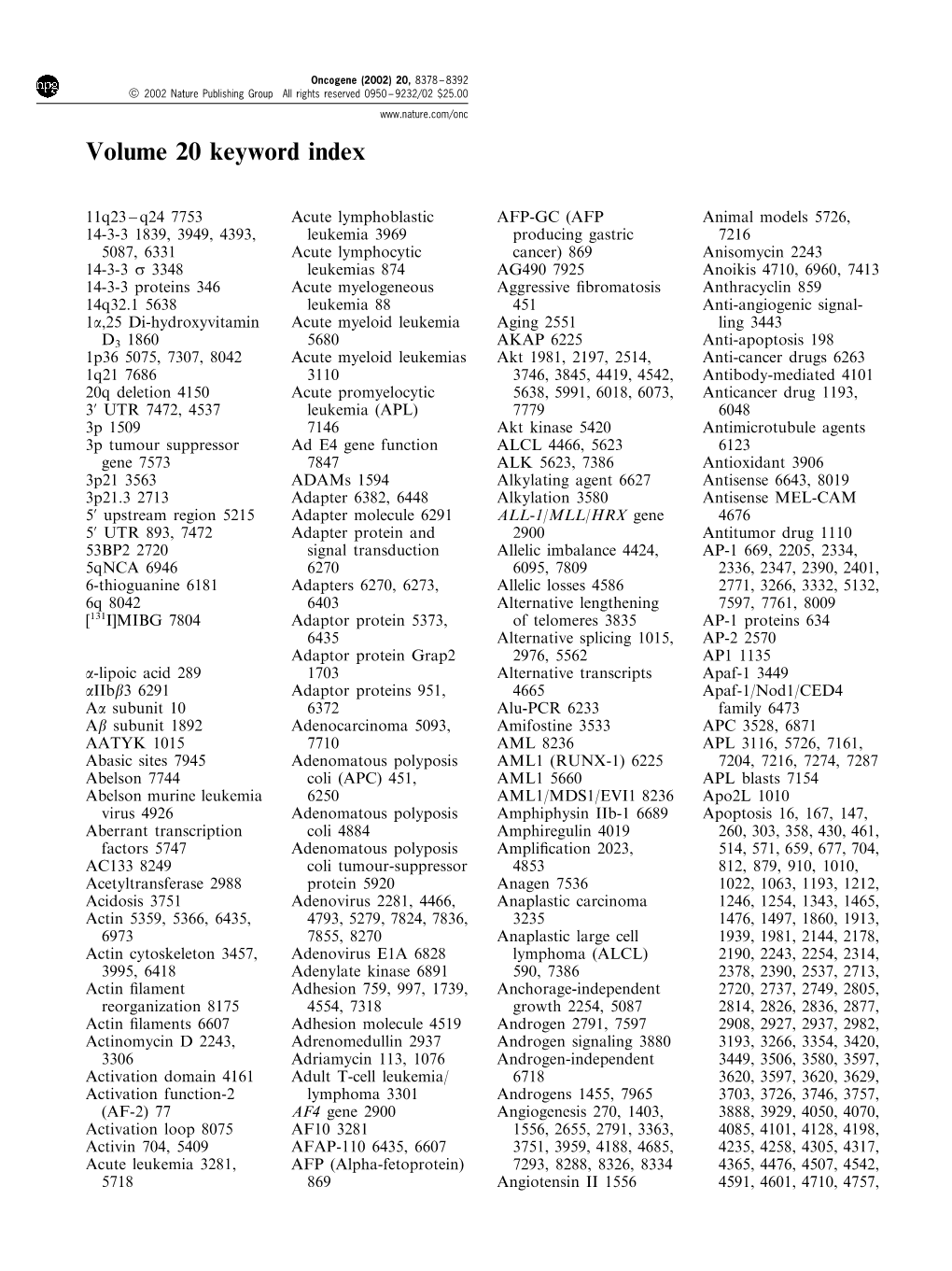 Volume 20 Keyword Index