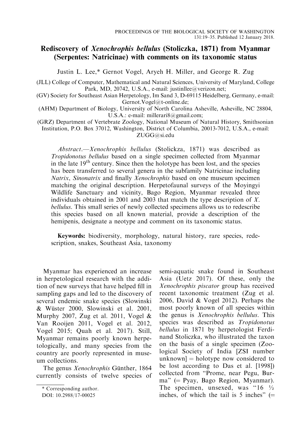 Rediscovery of Xenochrophis Bellulus (Stoliczka, 1871) from Myanmar (Serpentes: Natricinae) with Comments on Its Taxonomic Status