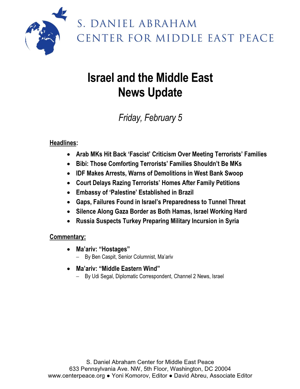 Israel and the Middle East News Update