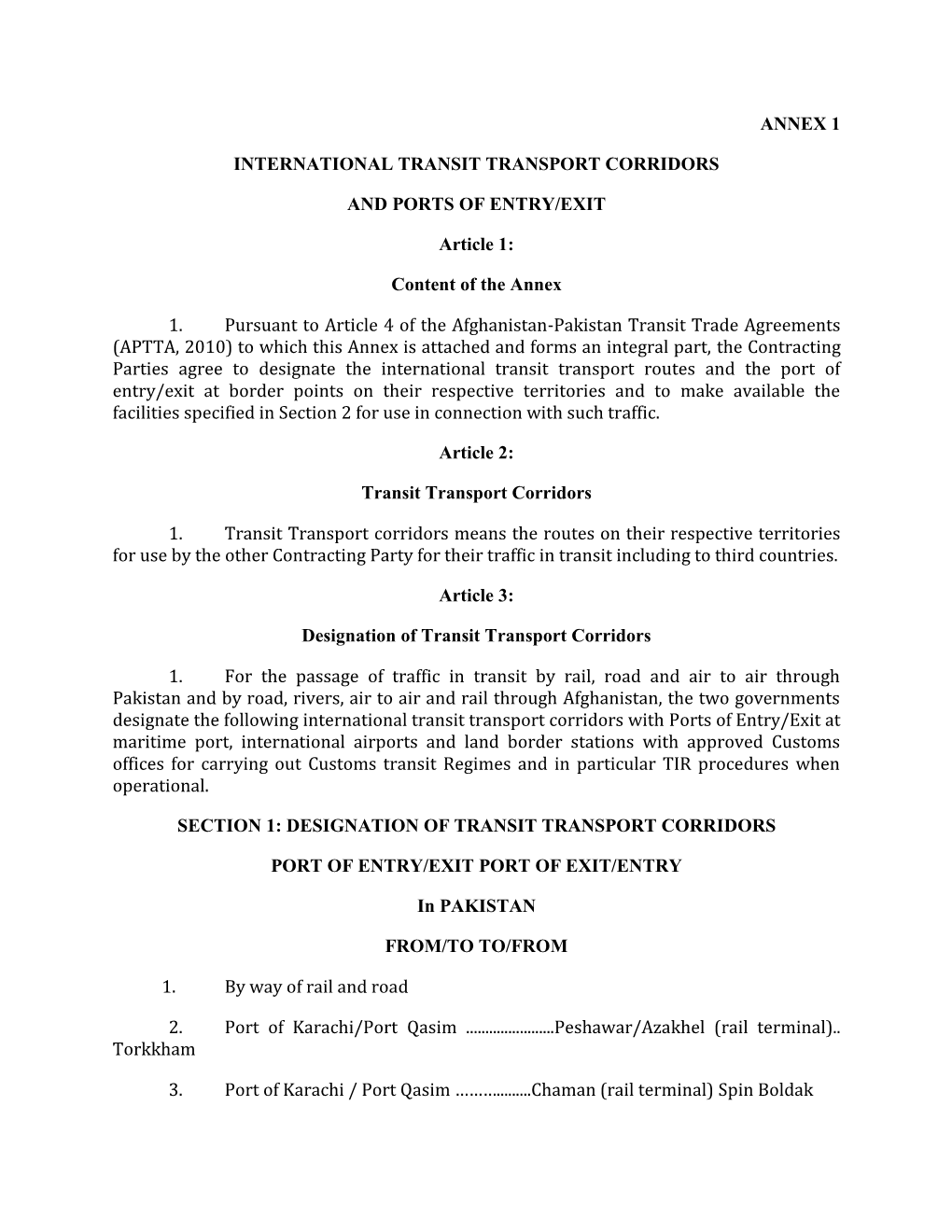Annex 1 International Transit Transport Corridors