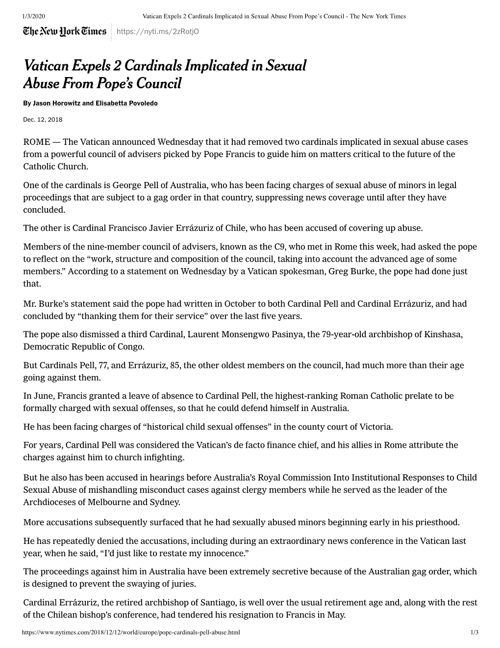 Vatican Expels 2 Cardinals Implicated in Sexual Abuse from Pope’S Council - the New York Times