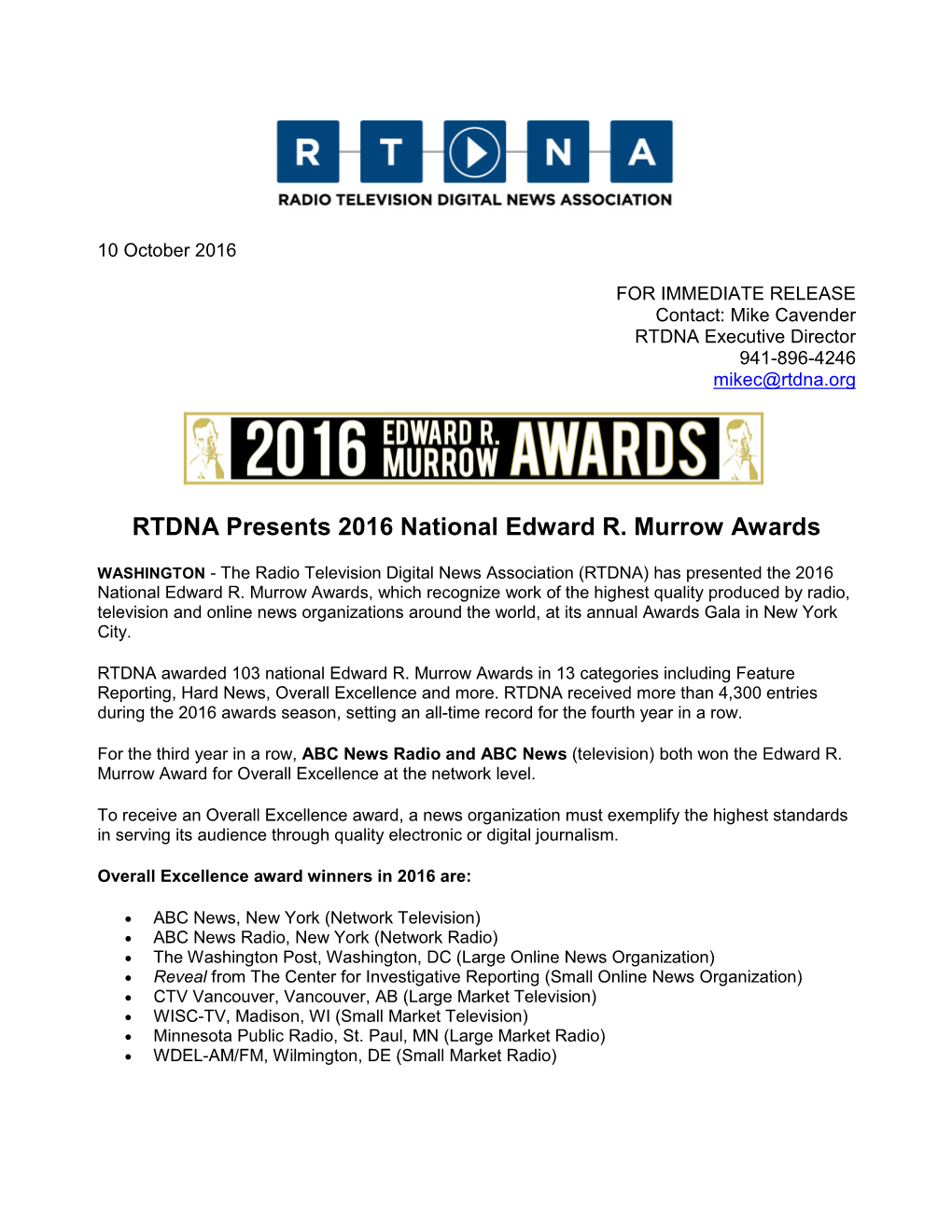 RTDNA Presents 2016 National Edward R. Murrow Awards