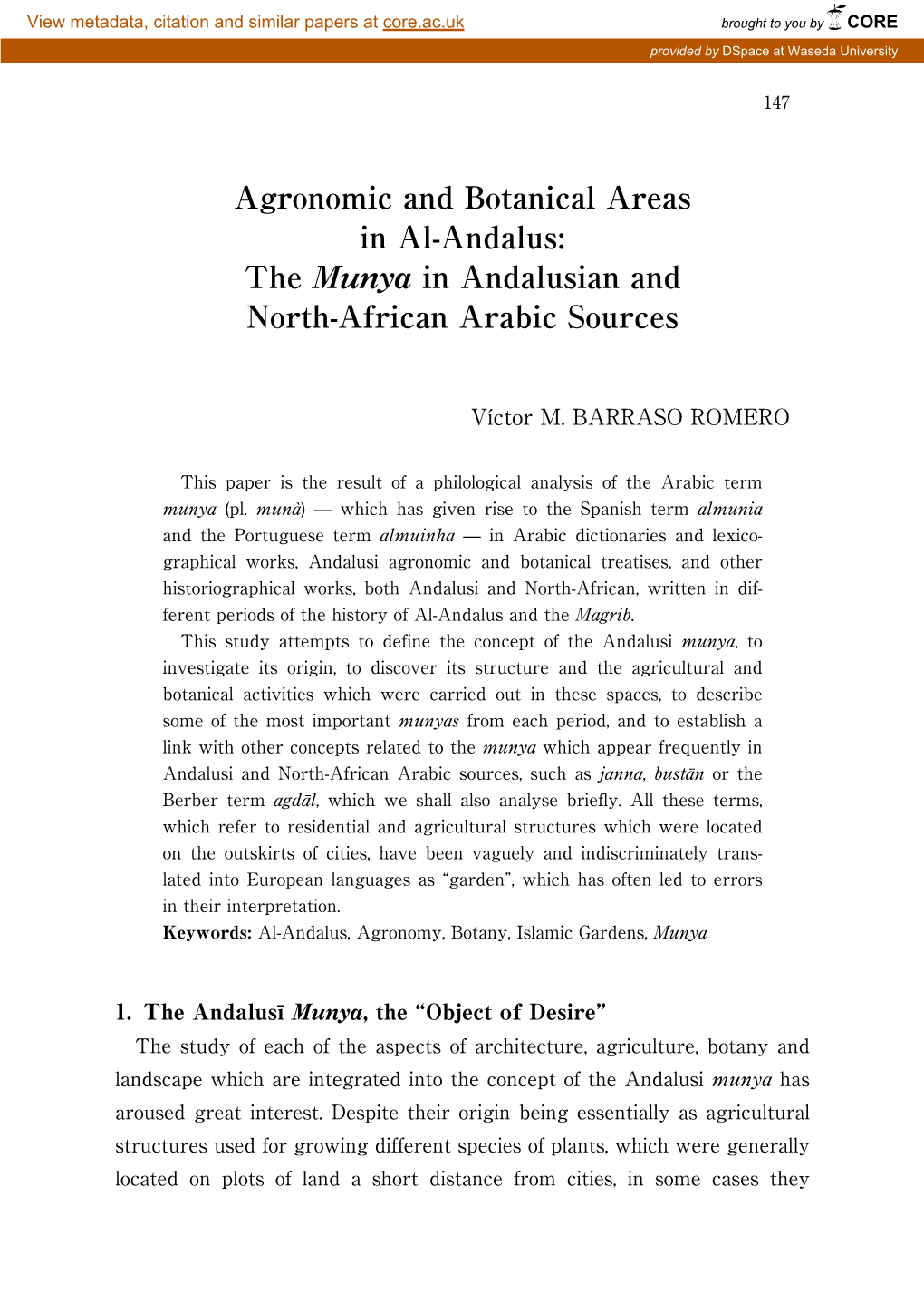 Agronomic and Botanical Areas in Al-Andalus: the Munya in Andalusian and North-African Arabic Sources