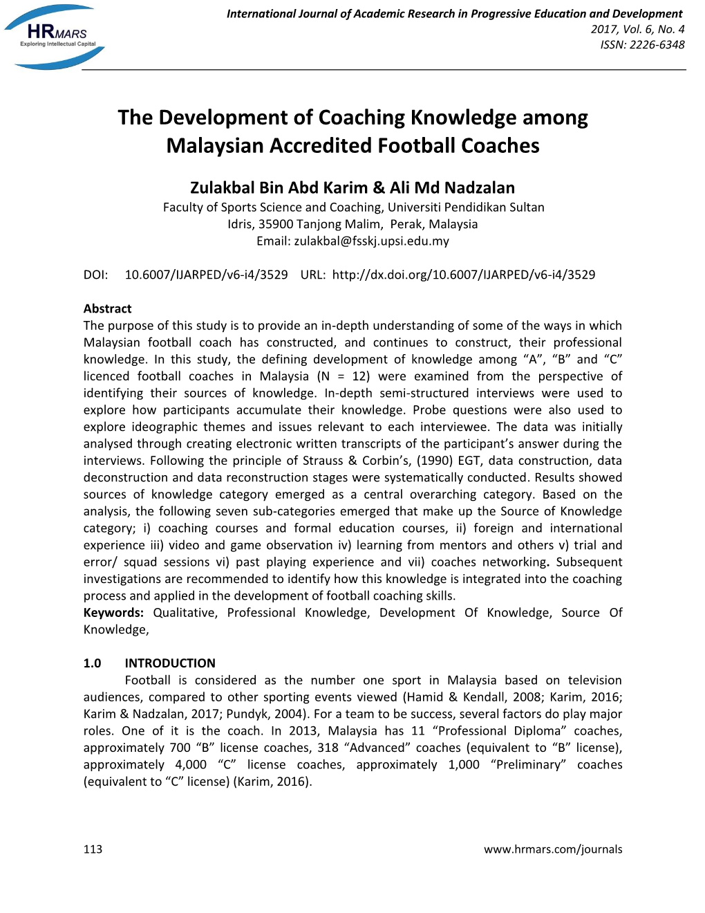 The Development of Coaching Knowledge Among Malaysian Accredited Football Coaches