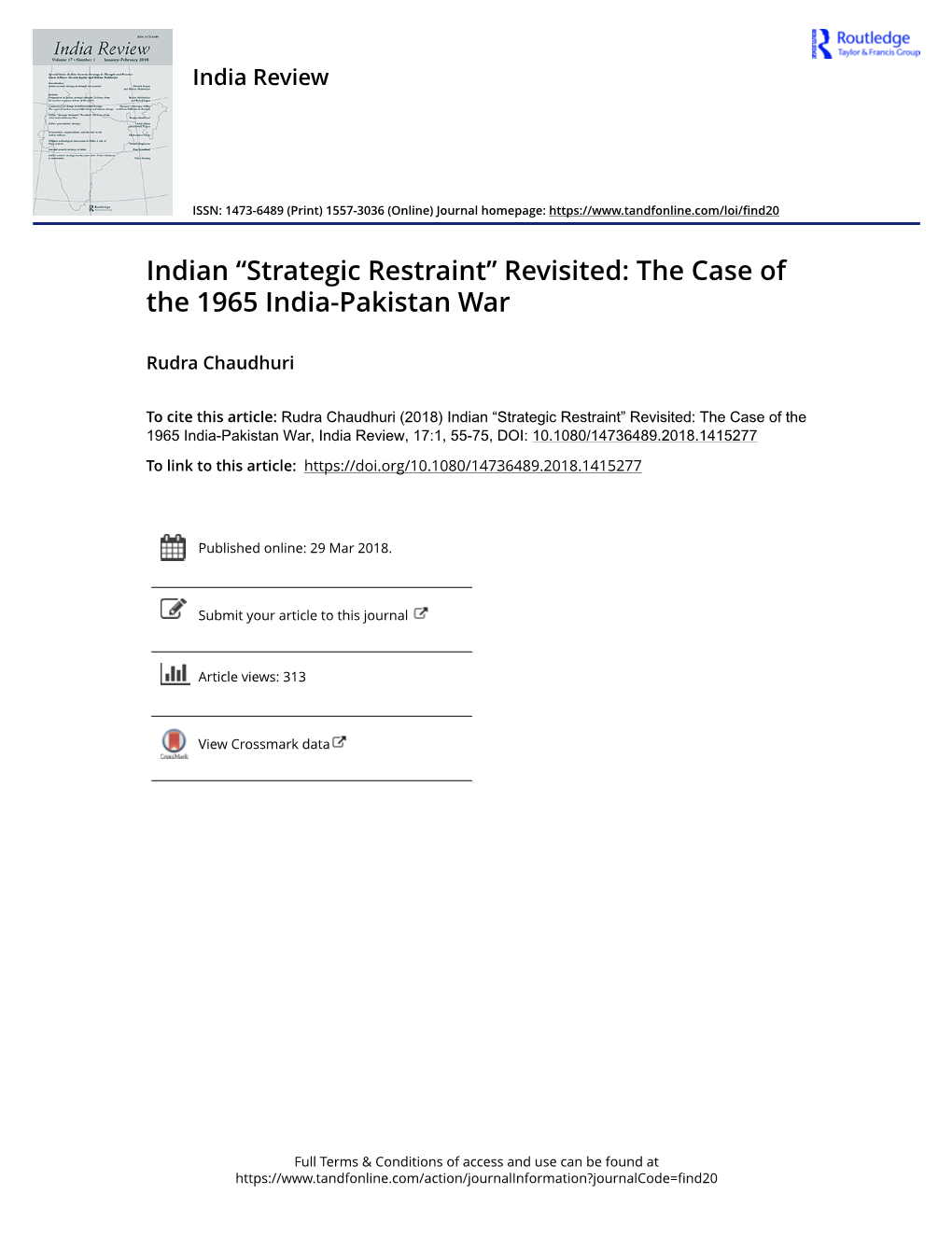 “Strategic Restraint” Revisited: the Case of the 1965 India-Pakistan War