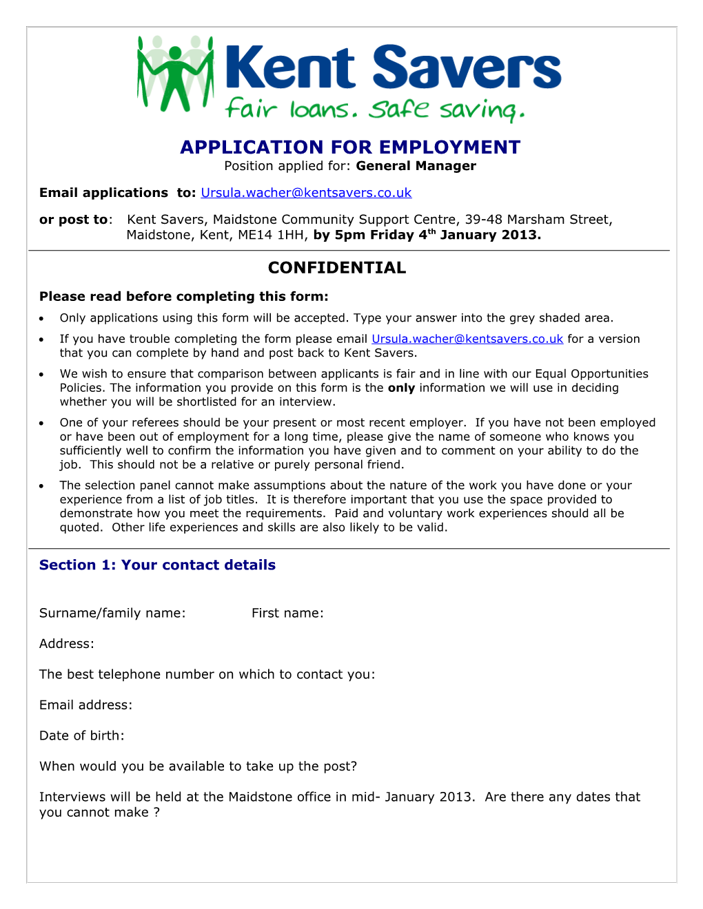 Kent Savers - Office Manager Application Form