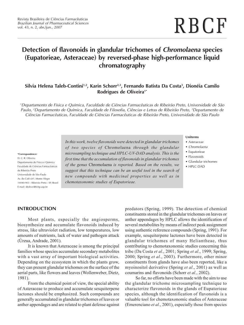 Detection of Flavonoids in Glandular Trichomes of Chromolaena Species (Eupatorieae, Asteraceae) by Reversed-Phase High-Performance Liquid Chromatography