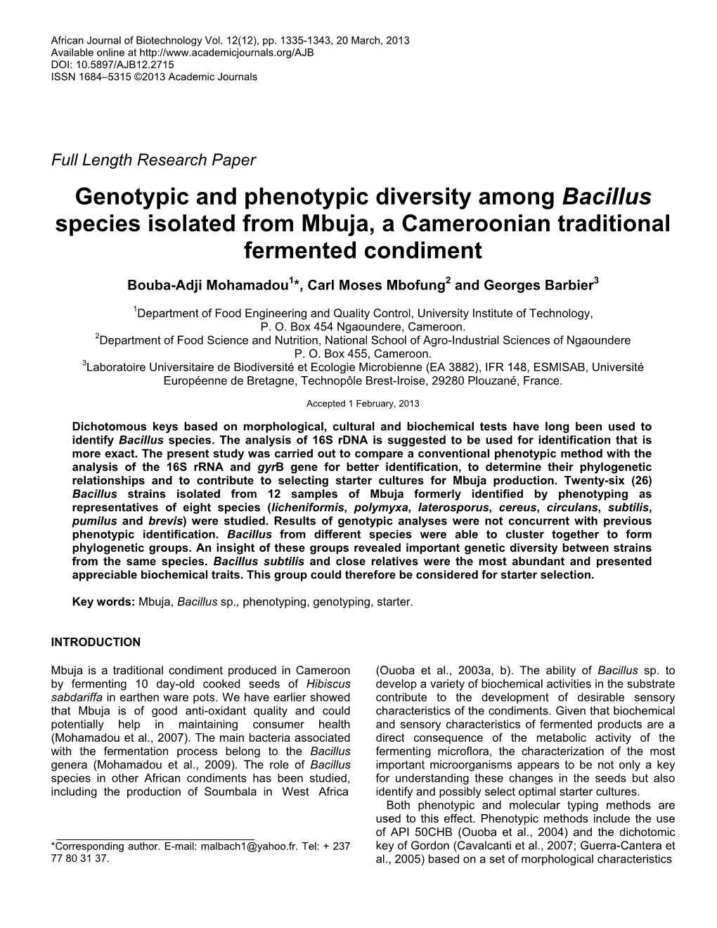 Genotypic and Phenotypic Diversity Among Bacillus Species Isolated from Mbuja, a Cameroonian Traditional Fermented Condiment