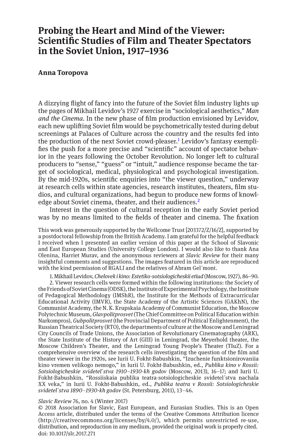 Probing the Heart and Mind of the Viewer: Scientific Studies of Film and Theater Spectators in the Soviet Union, 1917–1936