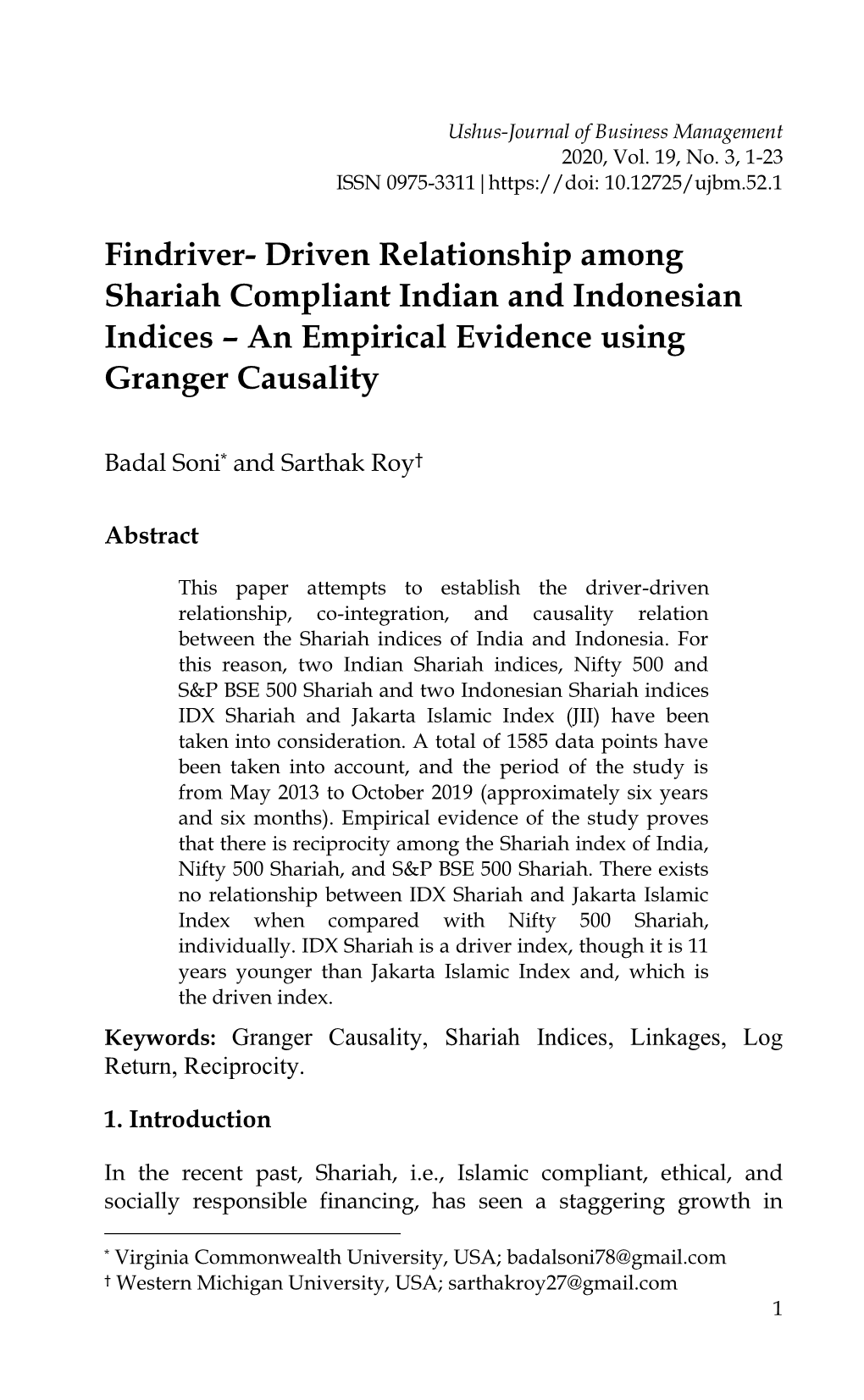 Driven Relationship Among Shariah Compliant Indian and Indonesian Indices – an Empirical Evidence Using Granger Causality