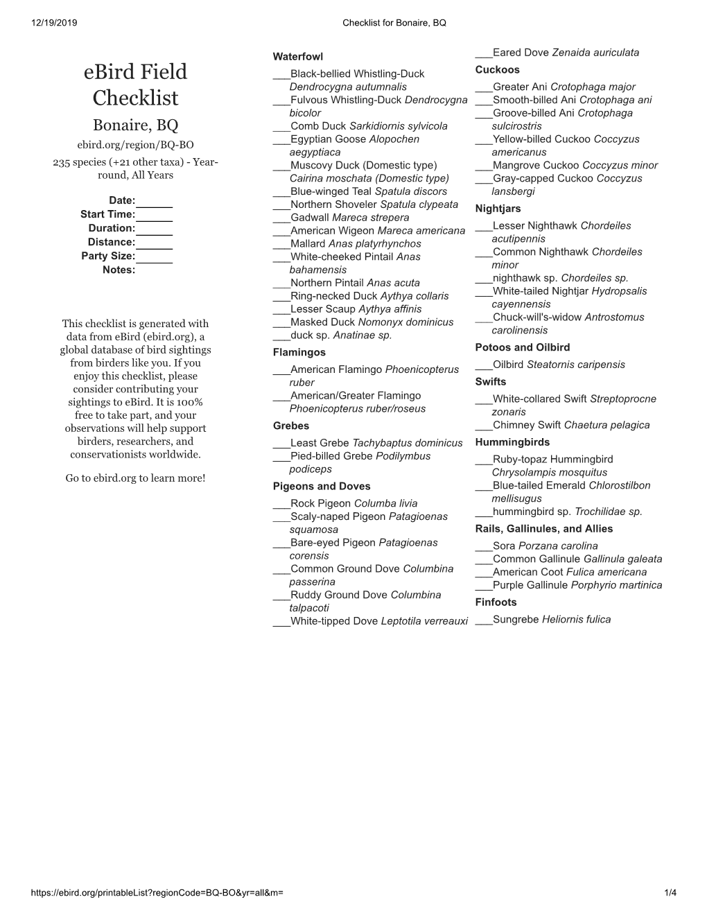 Ebird Field Checklist