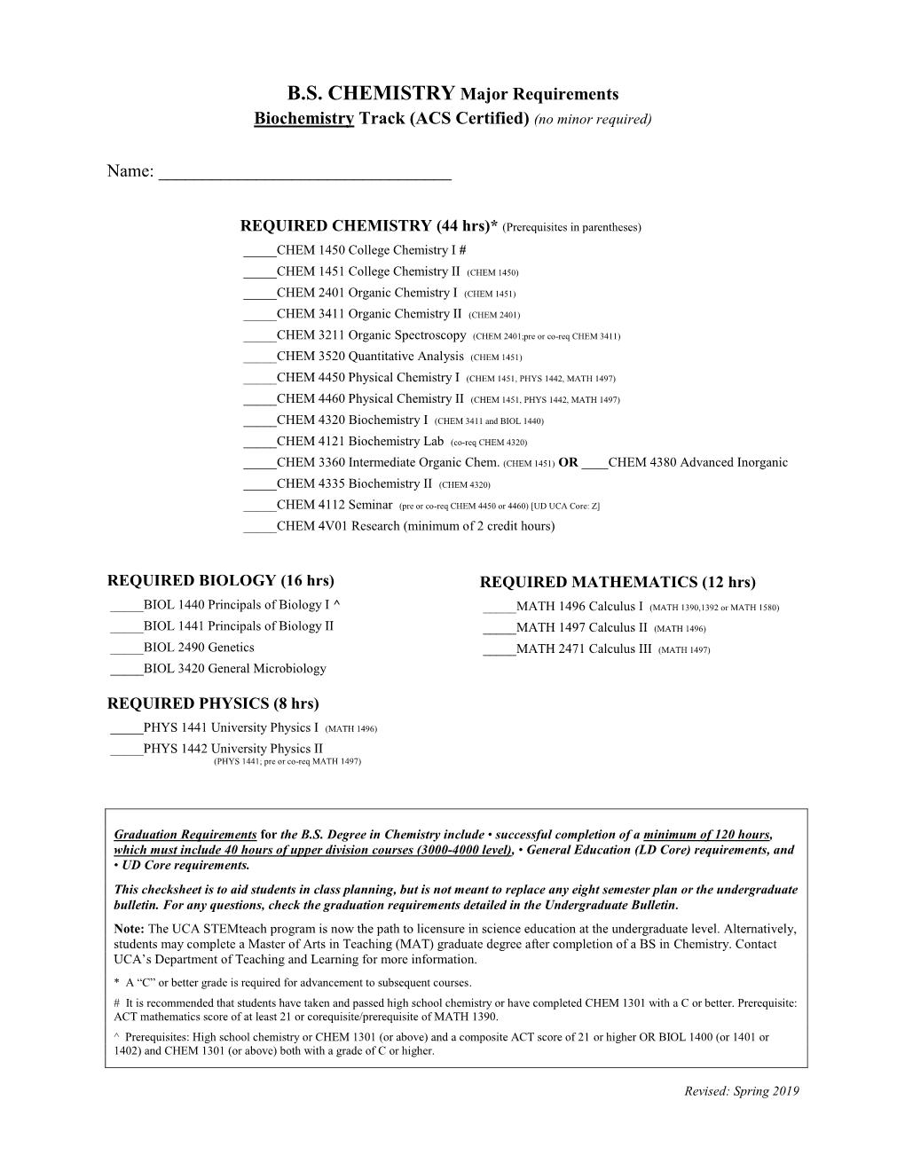 BS CHEMISTRY Major Requirements Biochemistry Track