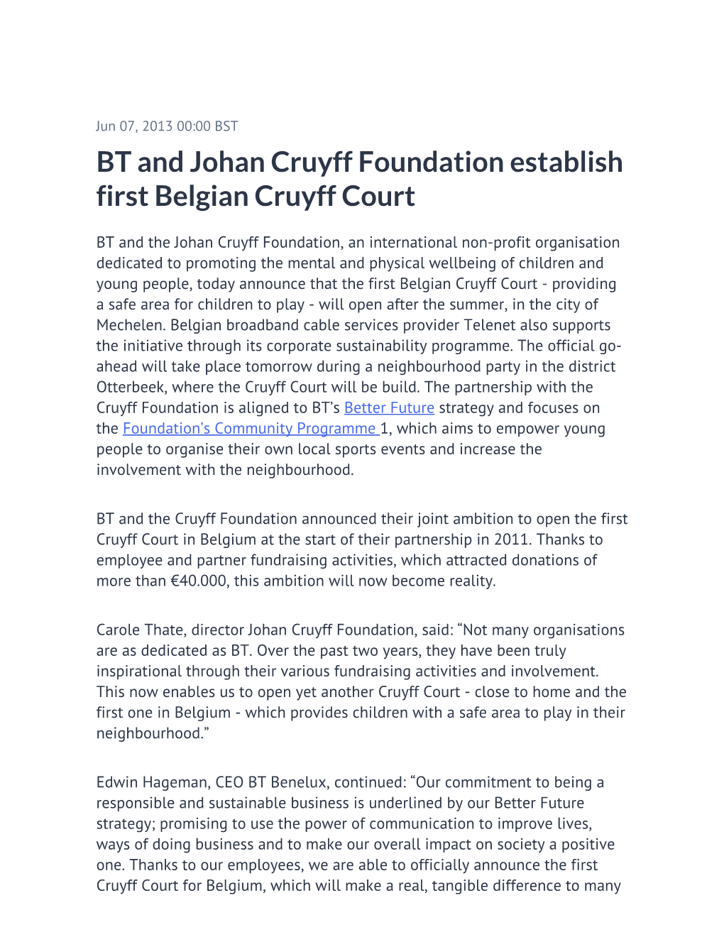 BT and Johan Cruyff Foundation Establish First Belgian Cruyff Court