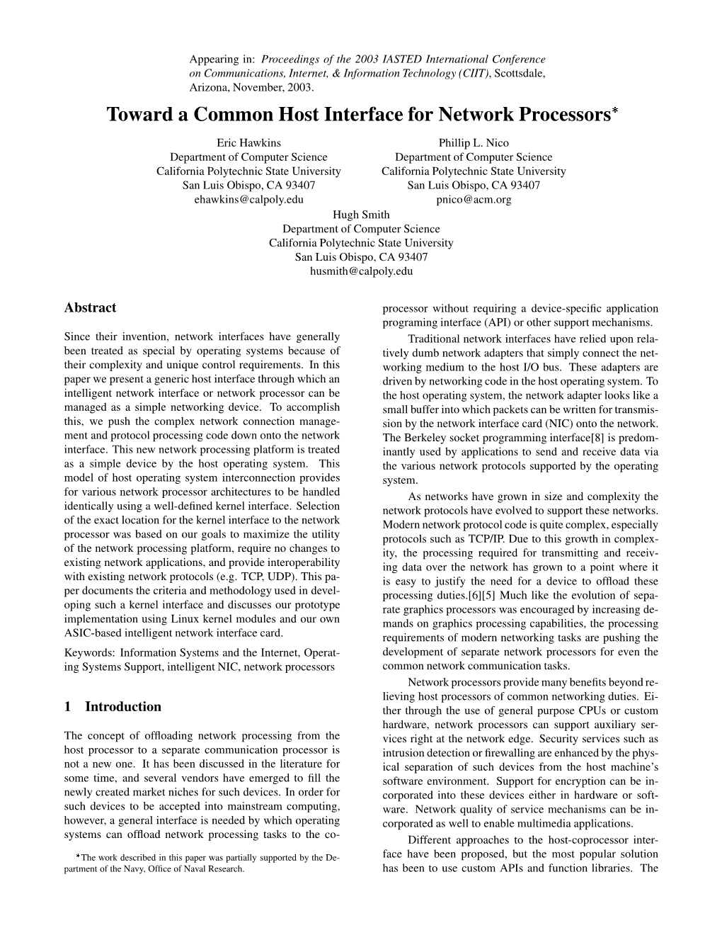 Toward a Common Host Interface for Network Processors Eric Hawkins Phillip L