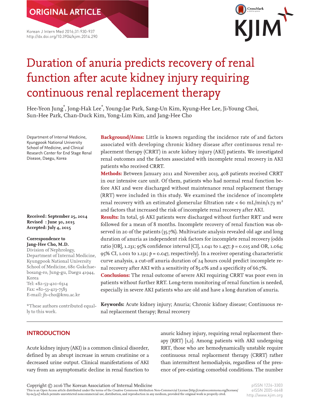 Duration of Anuria Predicts Recovery of Renal Function After Acute Kidney Injury Requiring Continuous Renal Replacement Therapy