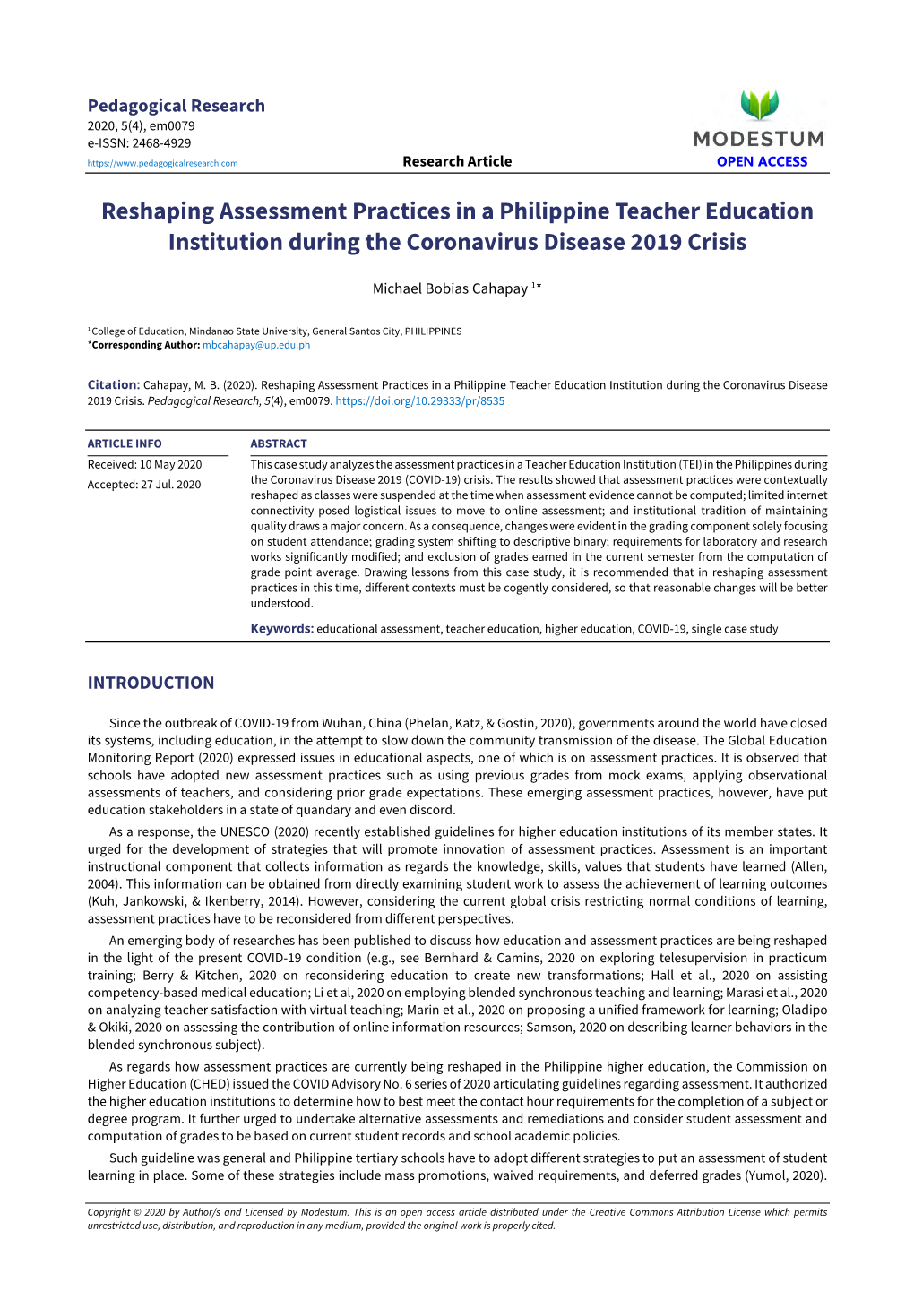 Reshaping Assessment Practices in a Philippine Teacher Education Institution During the Coronavirus Disease 2019 Crisis