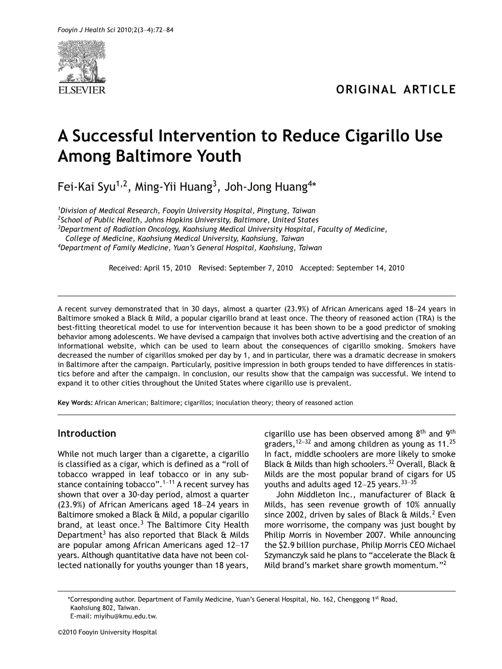 A Successful Intervention to Reduce Cigarillo Use Among Baltimore Youth