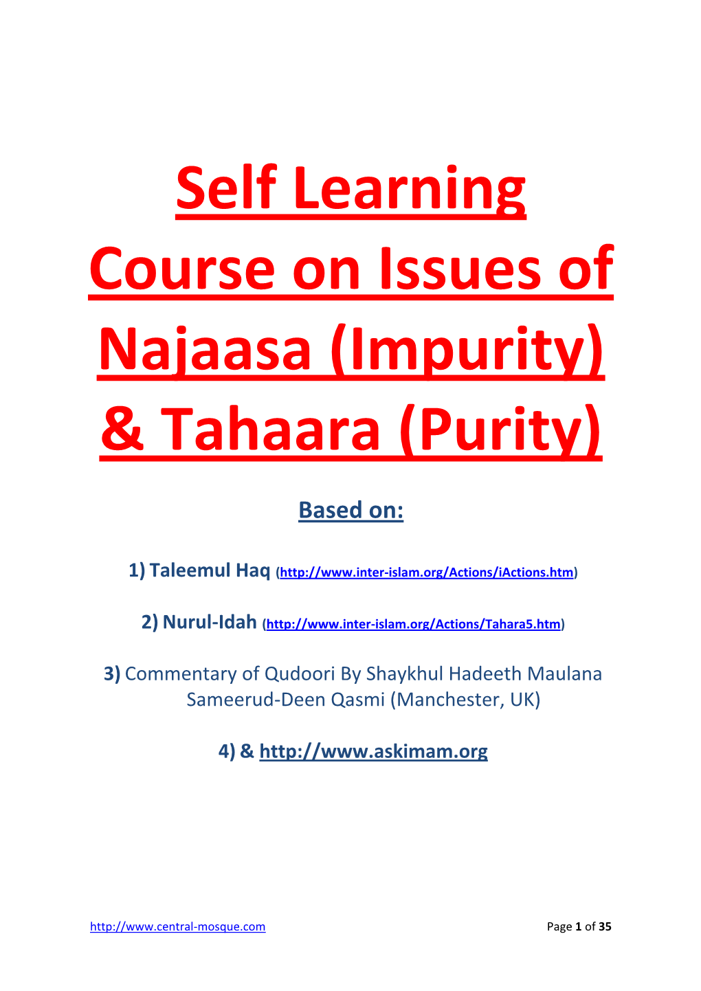 Self Learning Course on Issues of Najaasa (Impurity) & Tahaara (Purity)