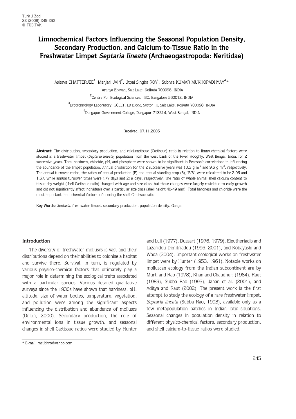 Limnochemical Factors Influencing the Seasonal Population Density