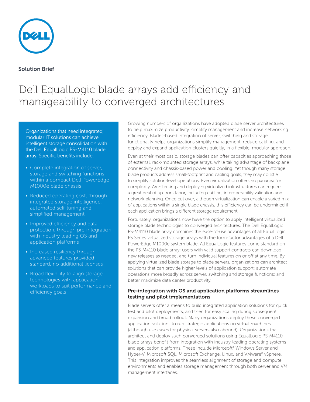 Dell Equallogic Blade Arrays Add Efficiency and Manageability to Converged Architectures