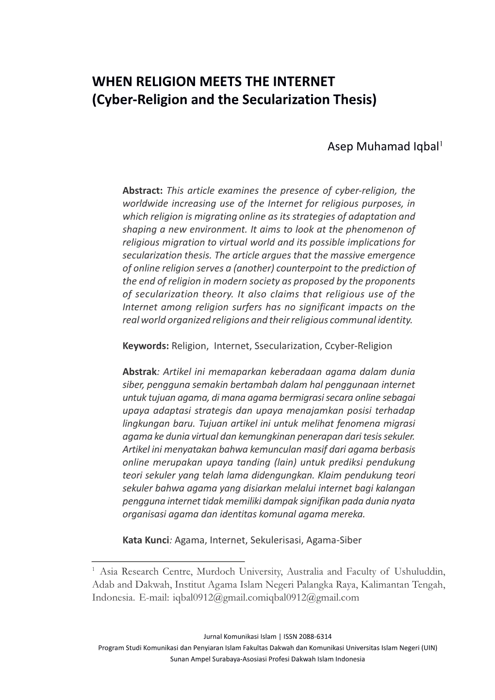 Cyber-Religion and the Secularization Thesis)