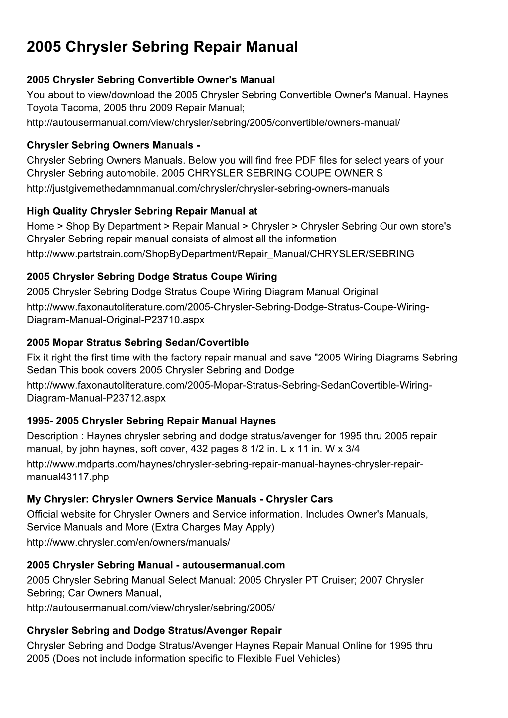 2005 Chrysler Sebring Repair Manual