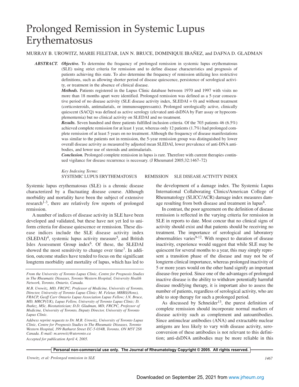 Prolonged Remission in Systemic Lupus Erythematosus MURRAY B