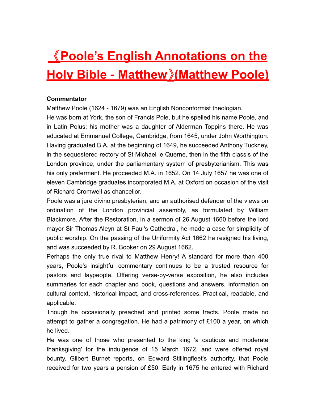 Poole S English Annotations on the Holy Bible - Matthew (Matthew Poole)