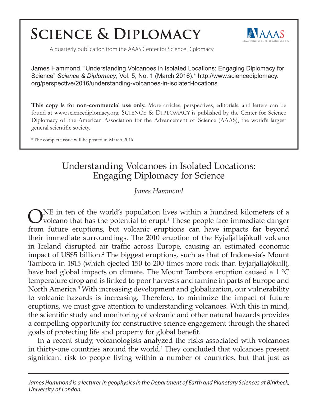 Understanding Volcanoes in Isolated Locations: Engaging Diplomacy for Science” Science & Diplomacy, Vol