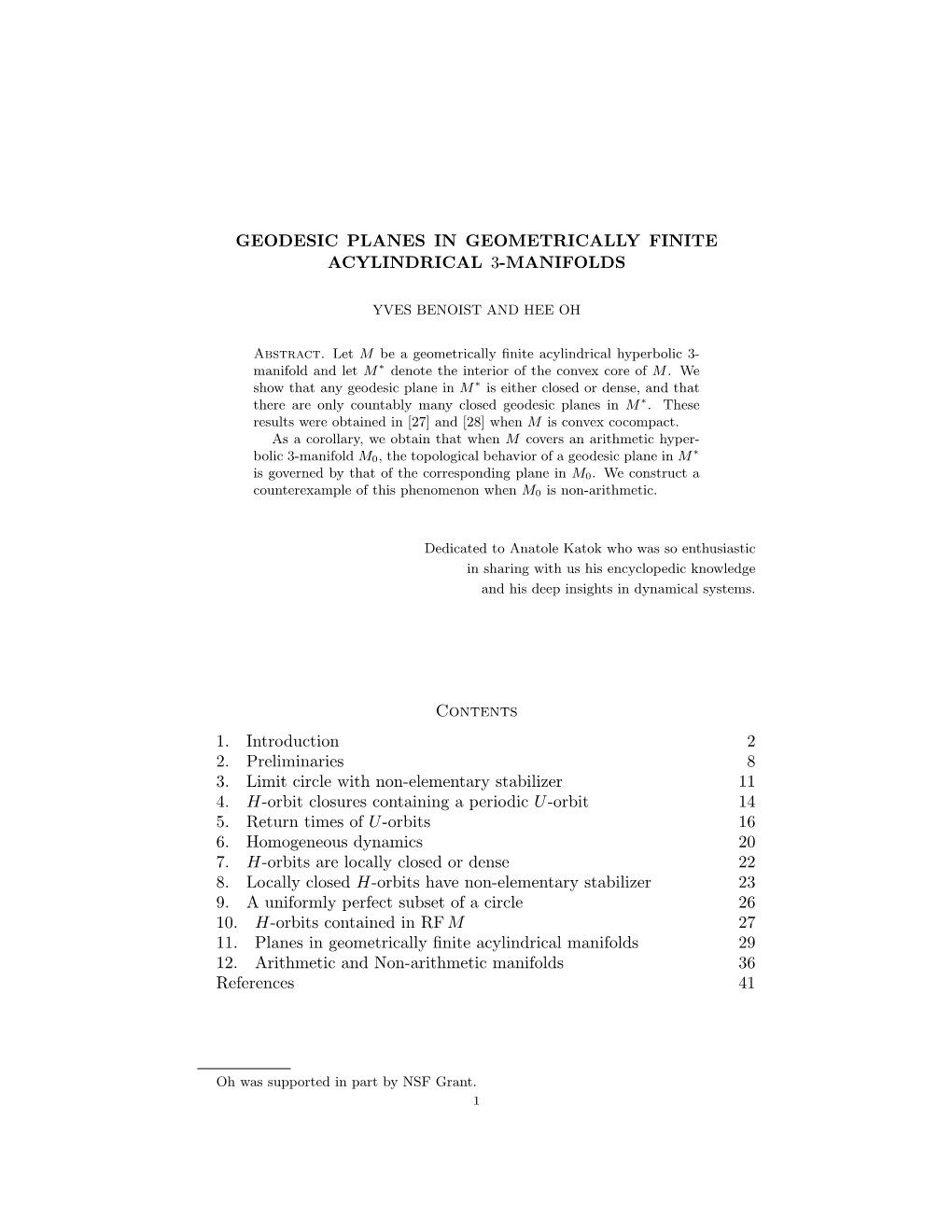 Geodesic Planes in Geometrically Finite Acylindrical 3-Manifolds