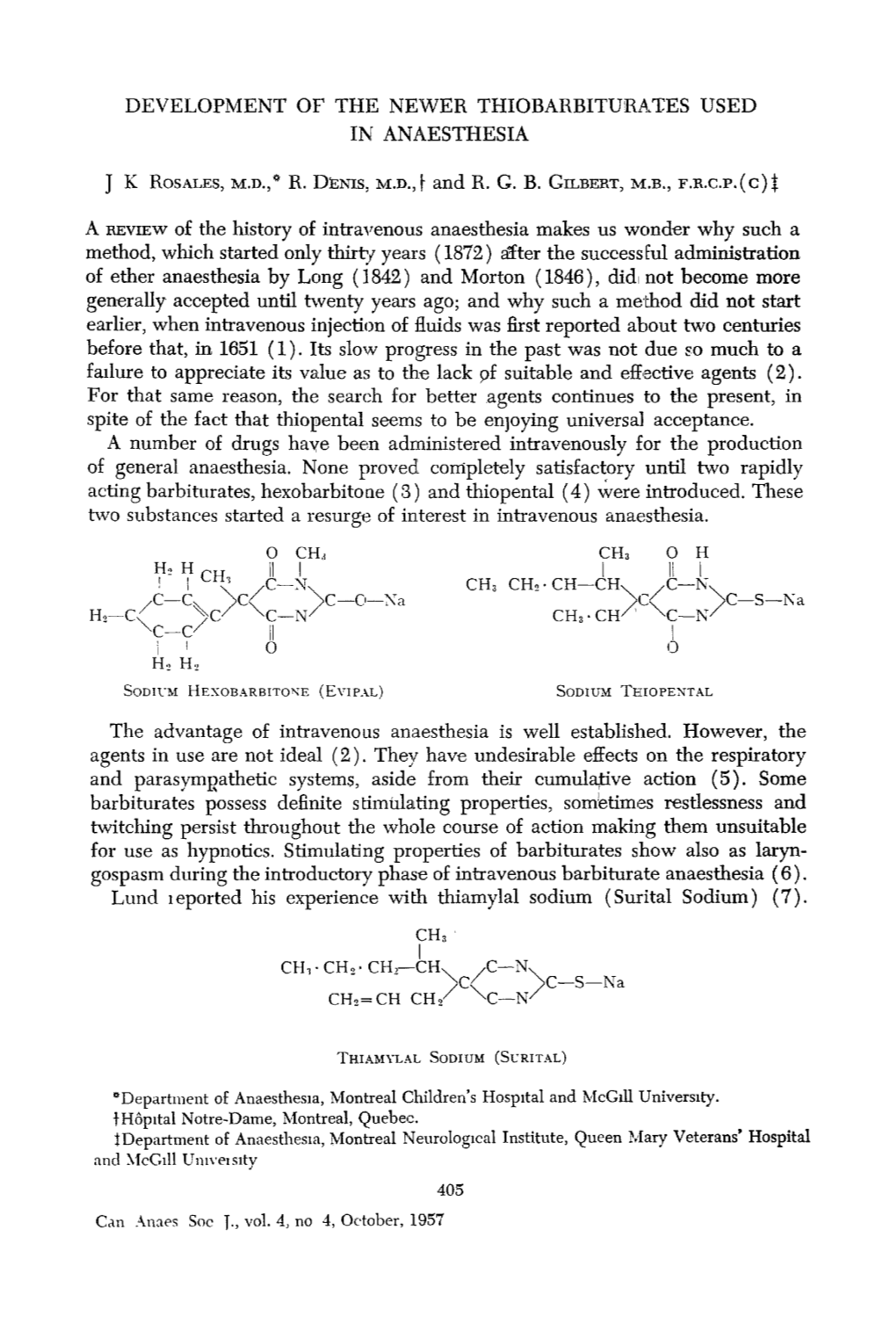 Development of the Newer Thiobarbiturates Used in Anaesthesia