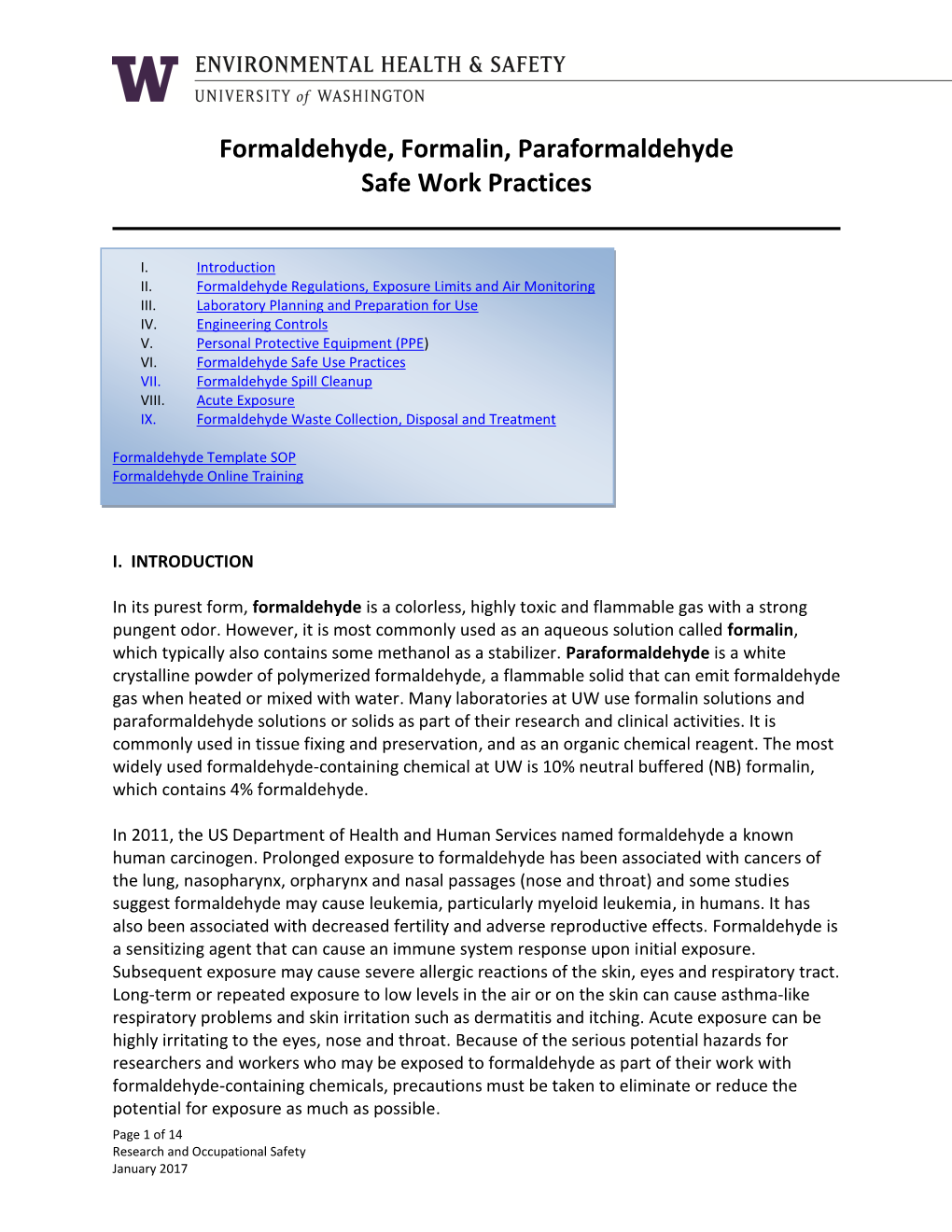 Formaldehyde, Formalin, Paraformaldehyde Safe Work Practices