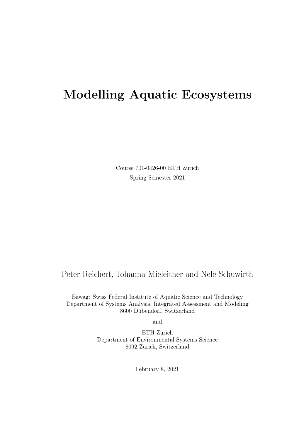 Modelling Aquatic Ecosystems