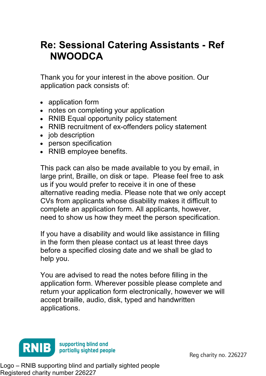 Sessional Catering Assistant (NWOOD) Information Pack
