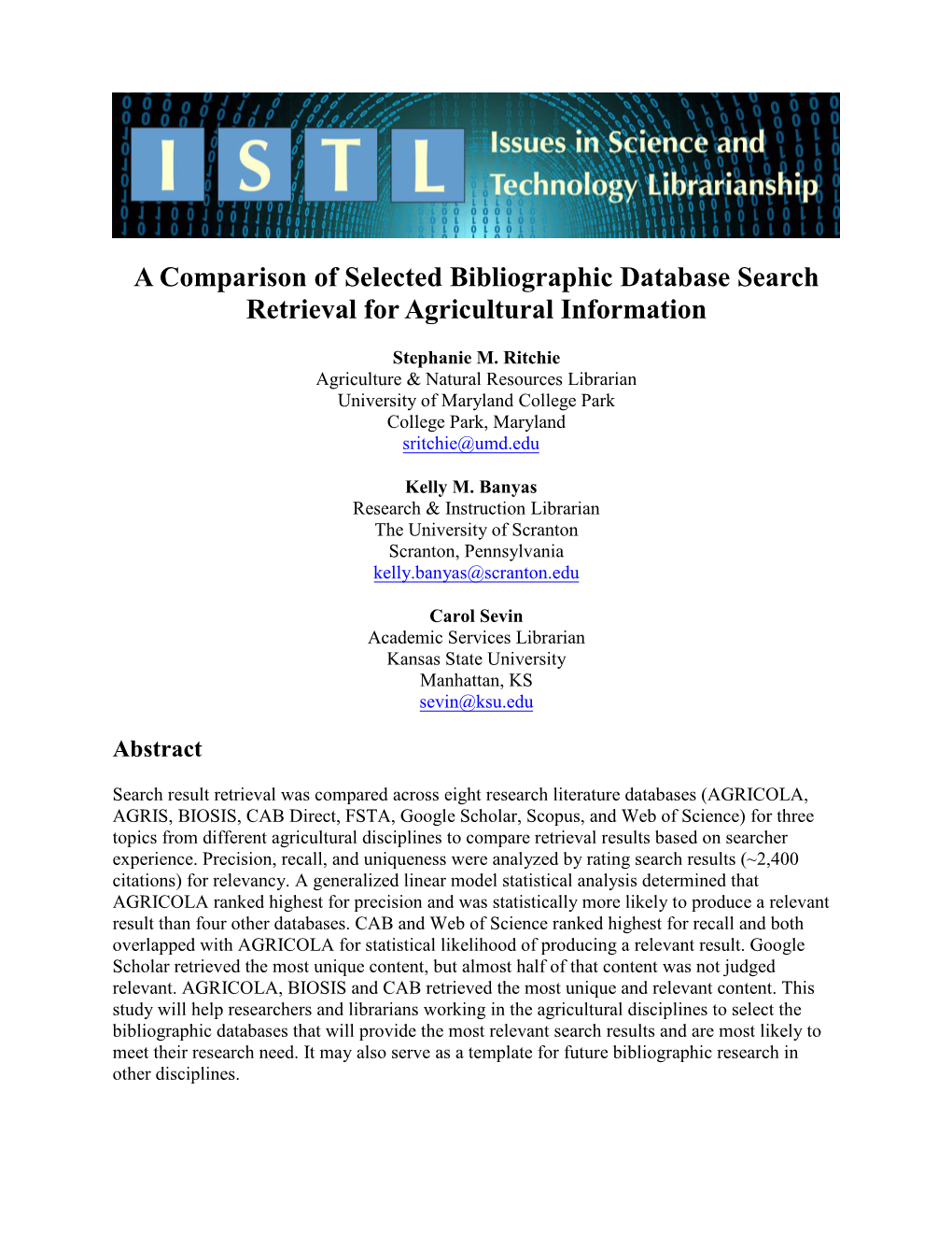 A Comparison of Selected Bibliographic Database Search Retrieval for Agricultural Information