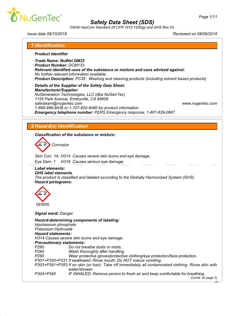 SDS) OSHA Hazcom Standard 29 CFR 1910.1200(G) and GHS Rev 03