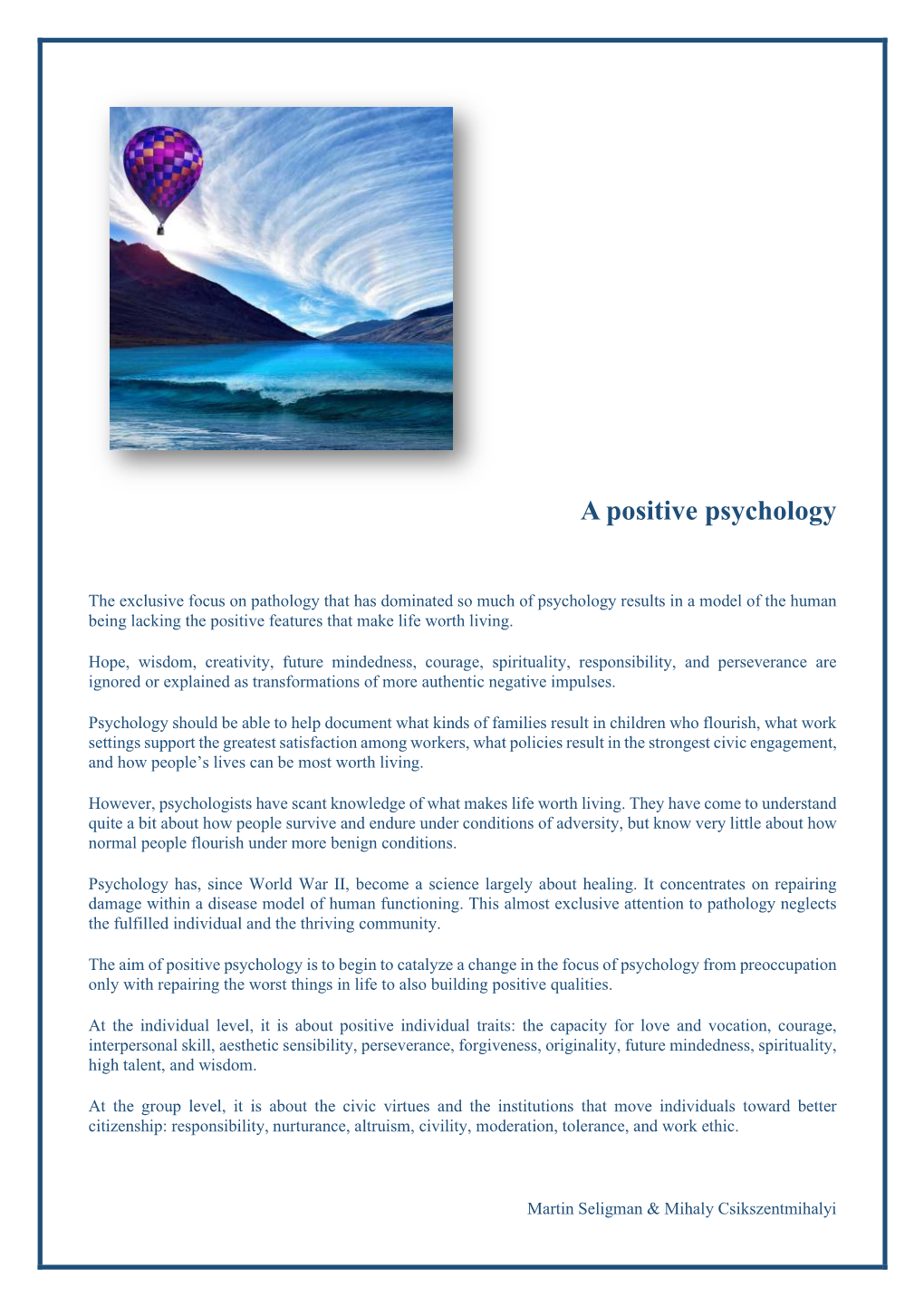 A Positive Psychology – Martin Seligman