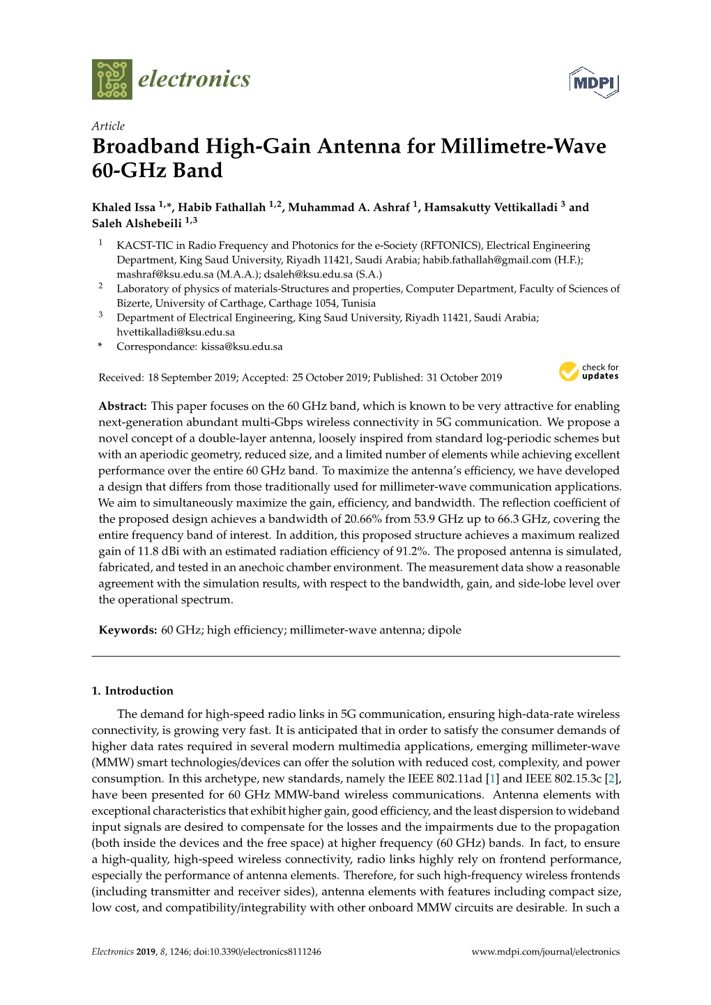 Broadband High-Gain Antenna for Millimetre-Wave 60-Ghz Band