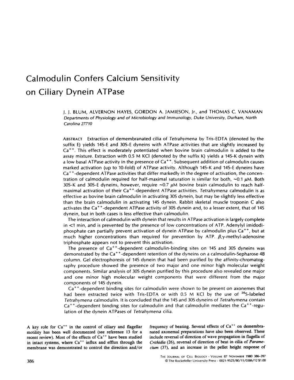 Calmodulin Confers Calcium Sensitivity on Ciiiary Dynein Atpase
